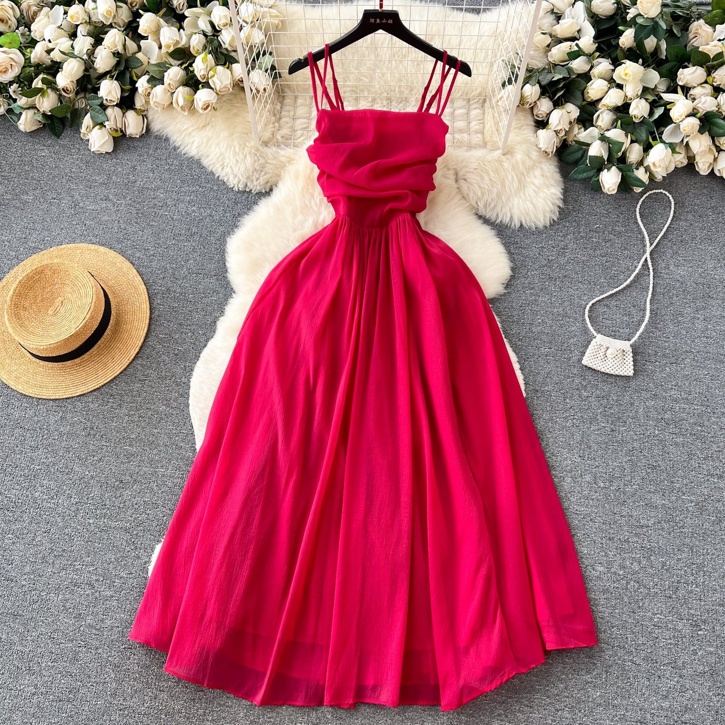 Red Pleated Midi Party Dress