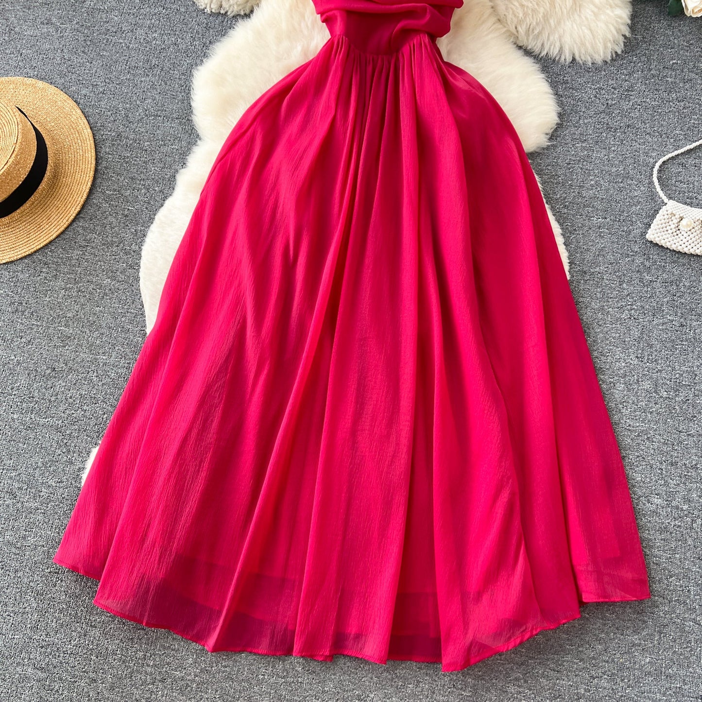 Red Pleated Midi Party Dress