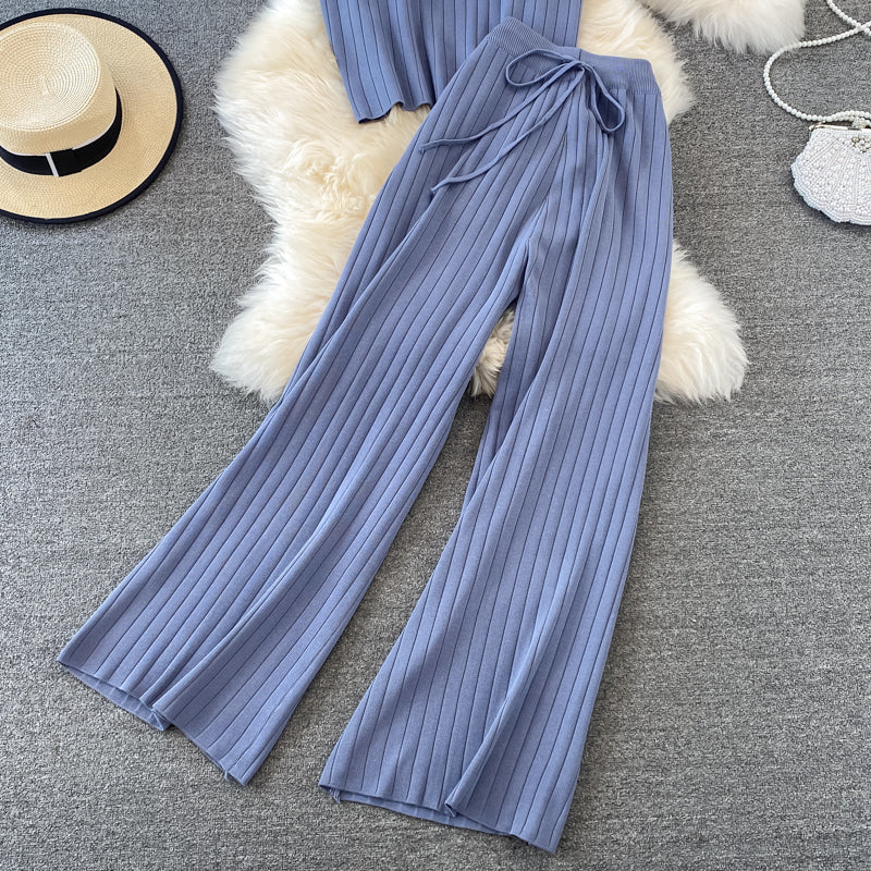 Knit Sleeveless Top Wide Leg Pants Two Piece Set