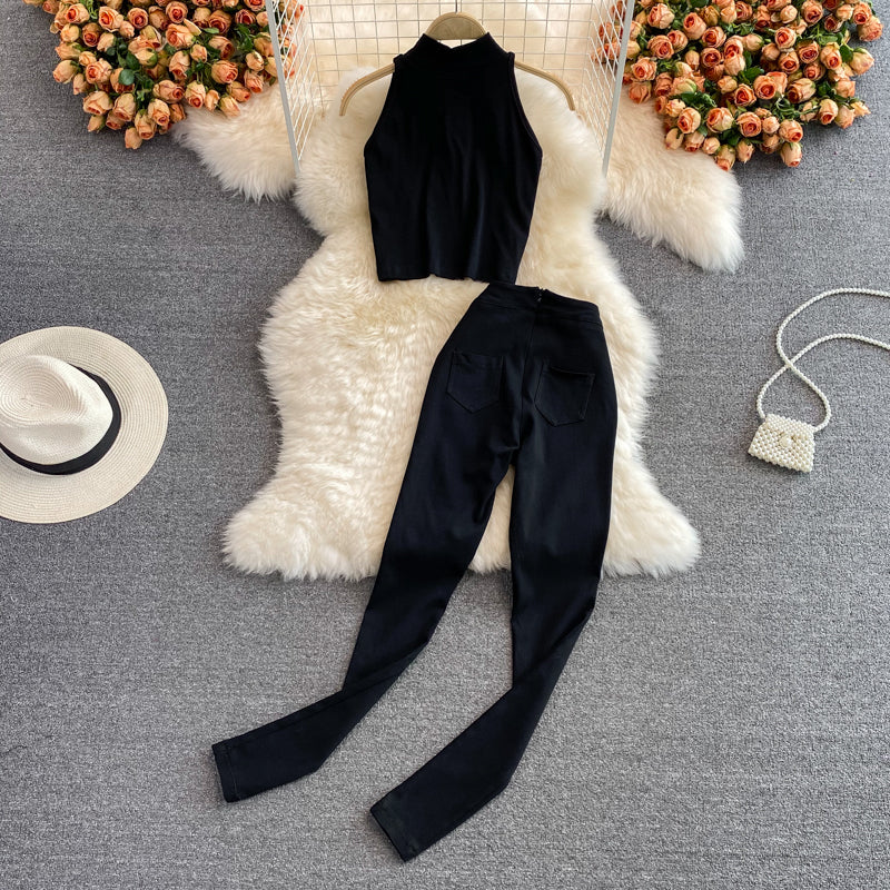 Tailored Sleeveless Vest & High-Waisted Stretch Trousers Set