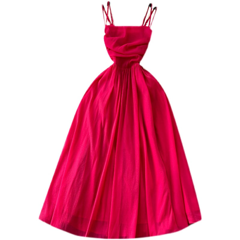 Red Pleated Midi Party Dress