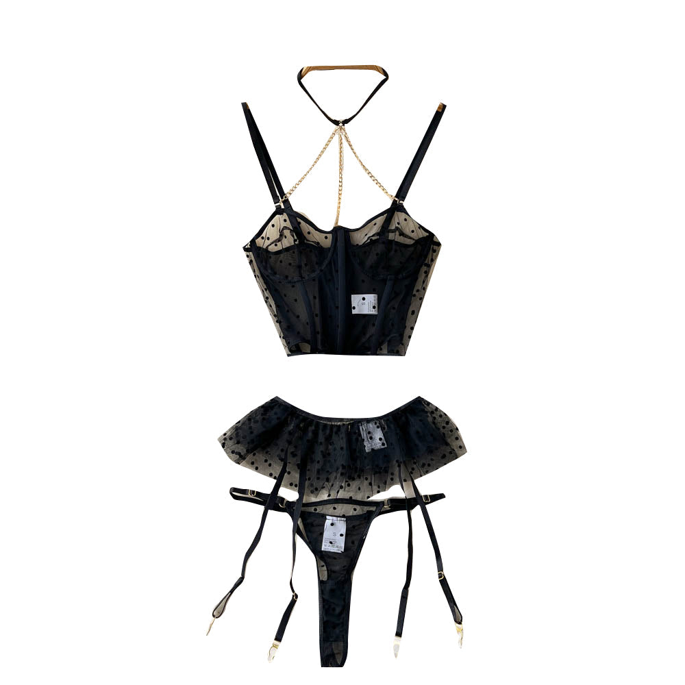 Black Mesh Polka-dot Lingerie 3Pcs
