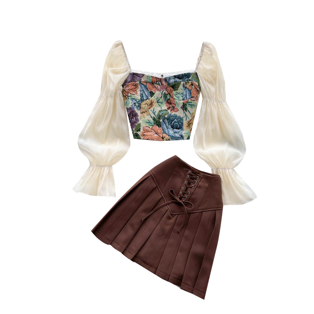 Bubble Sleeve Top & Pleated Skirt Set