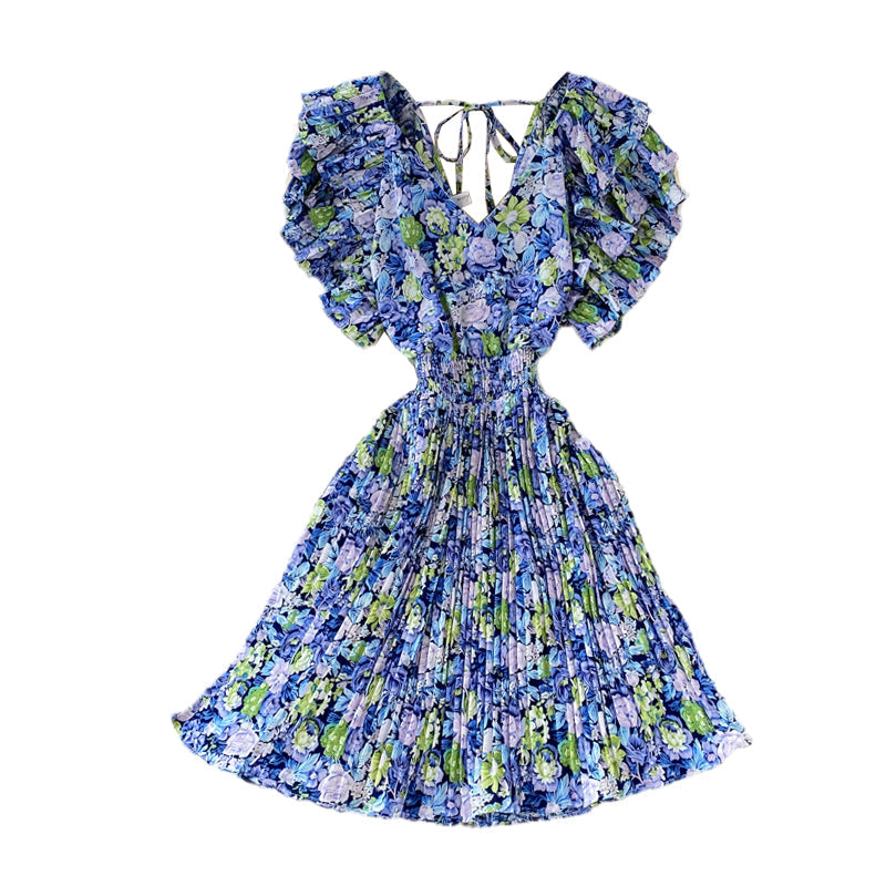 Fairy Ruffle Sleeve Floral Pleated Dress