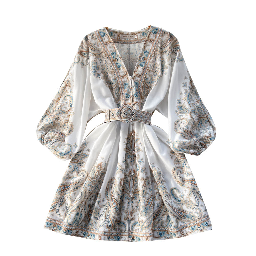 Ethnic Style Floral Belted Dress