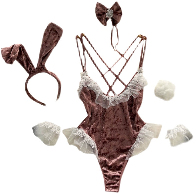 Sexy Pink Rabbit Girl Velvet Jumpsuit