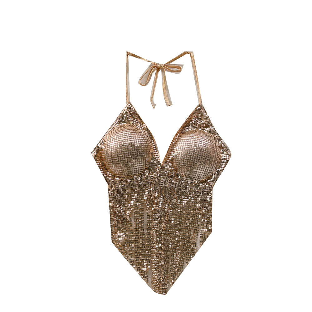 Disco Sequin Halter Vest with Long Tassels