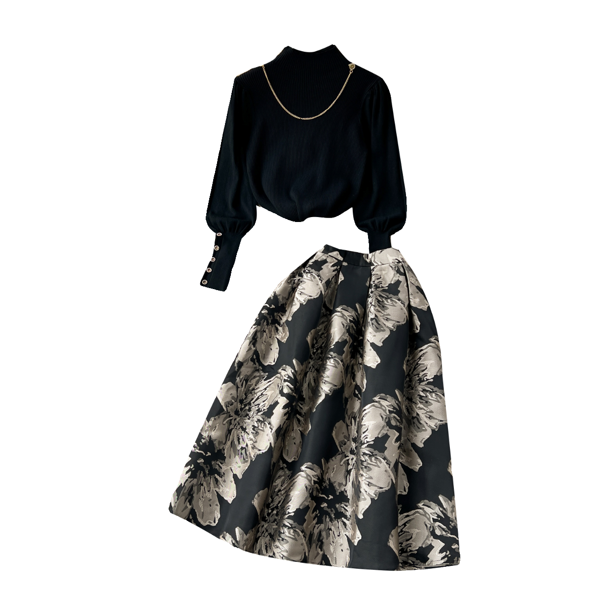Elegant Knit Floral Jacquard Skirt Set