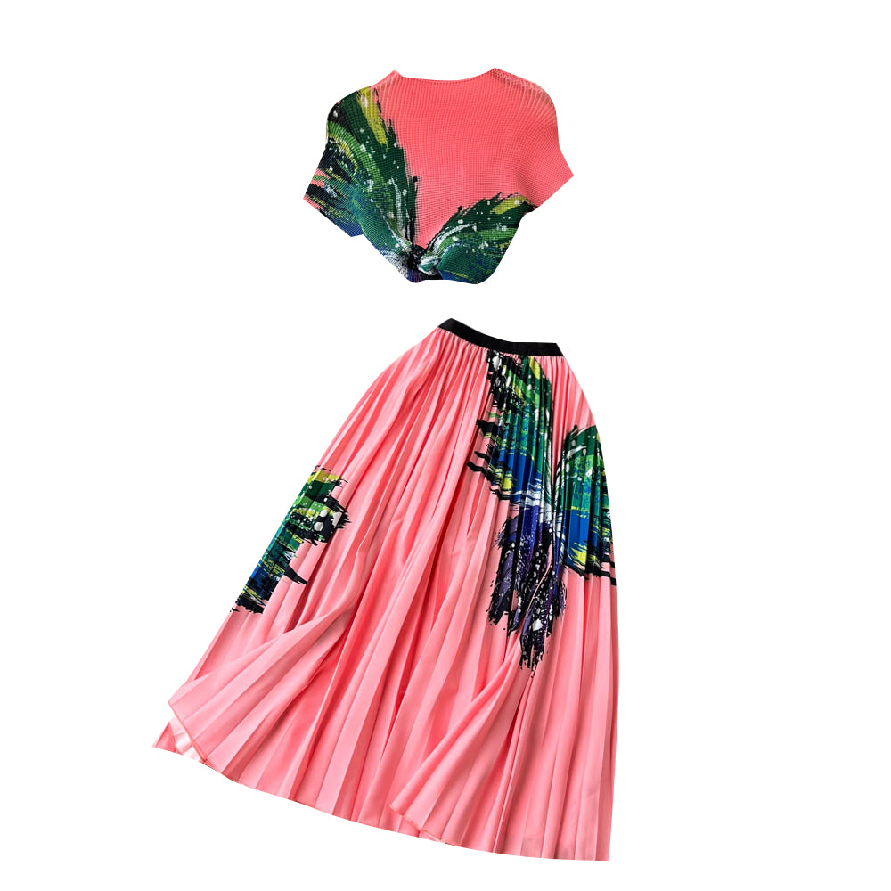 Printed T-shirt&Pleated Skirt 2Pcs