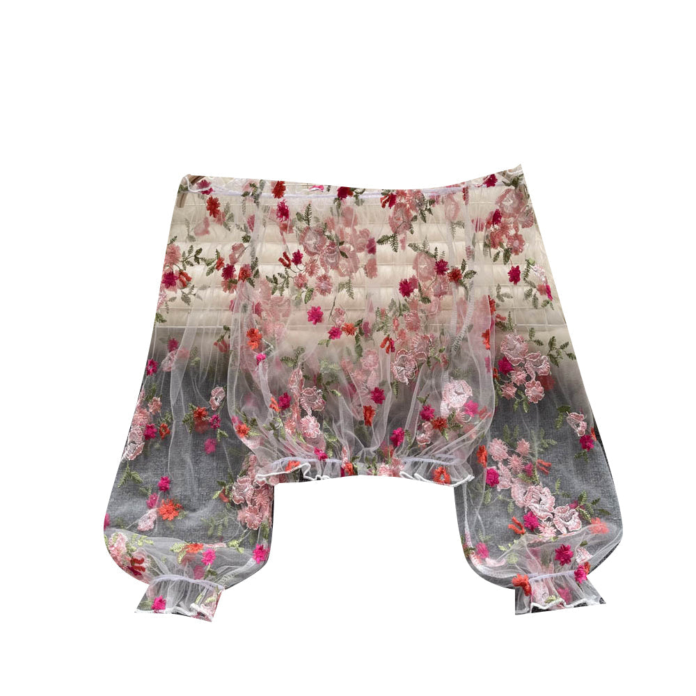 Delicate Floral Embroidery Neckline Blouse