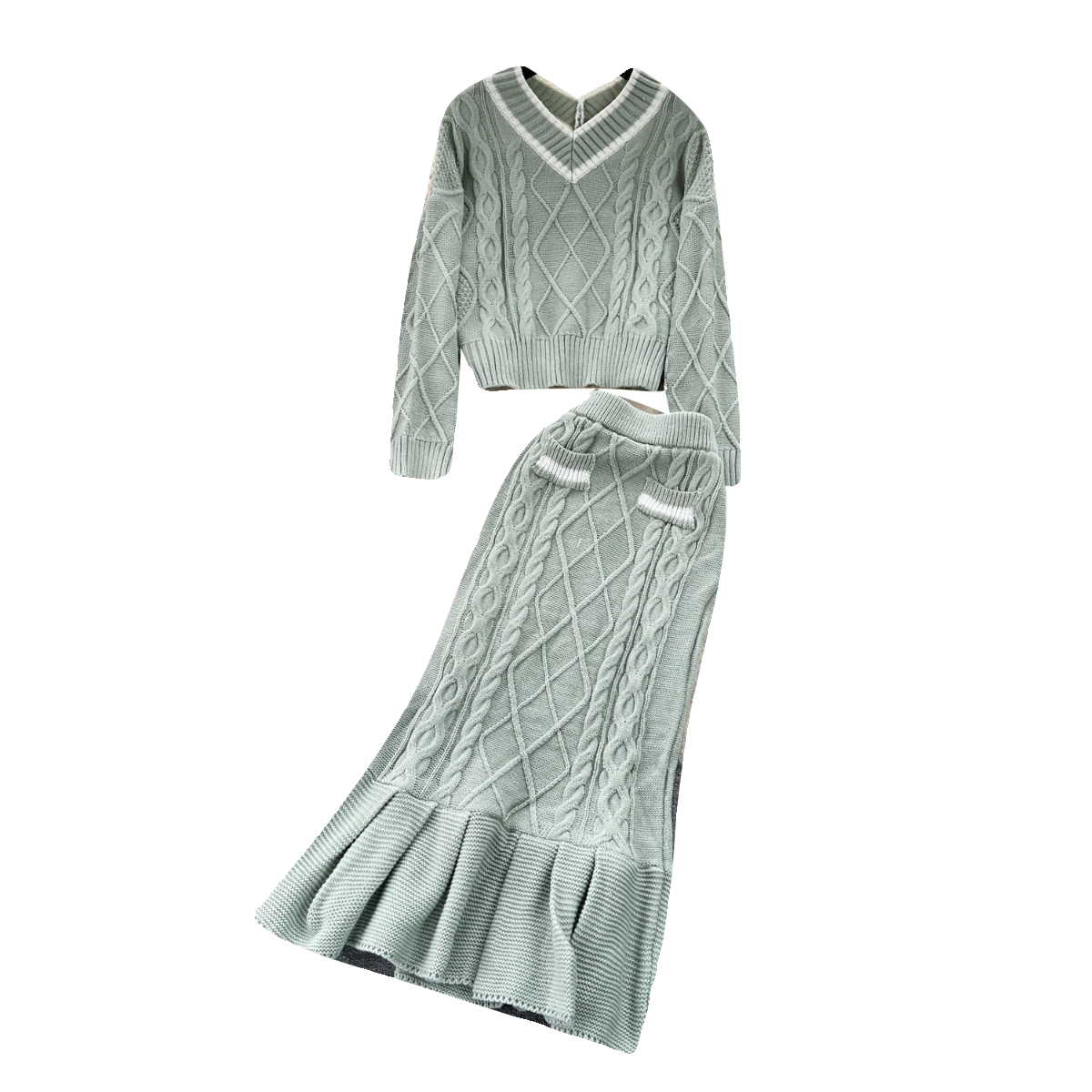 Twist-knitting Sweater&Fishtail Skirt 2Pcs