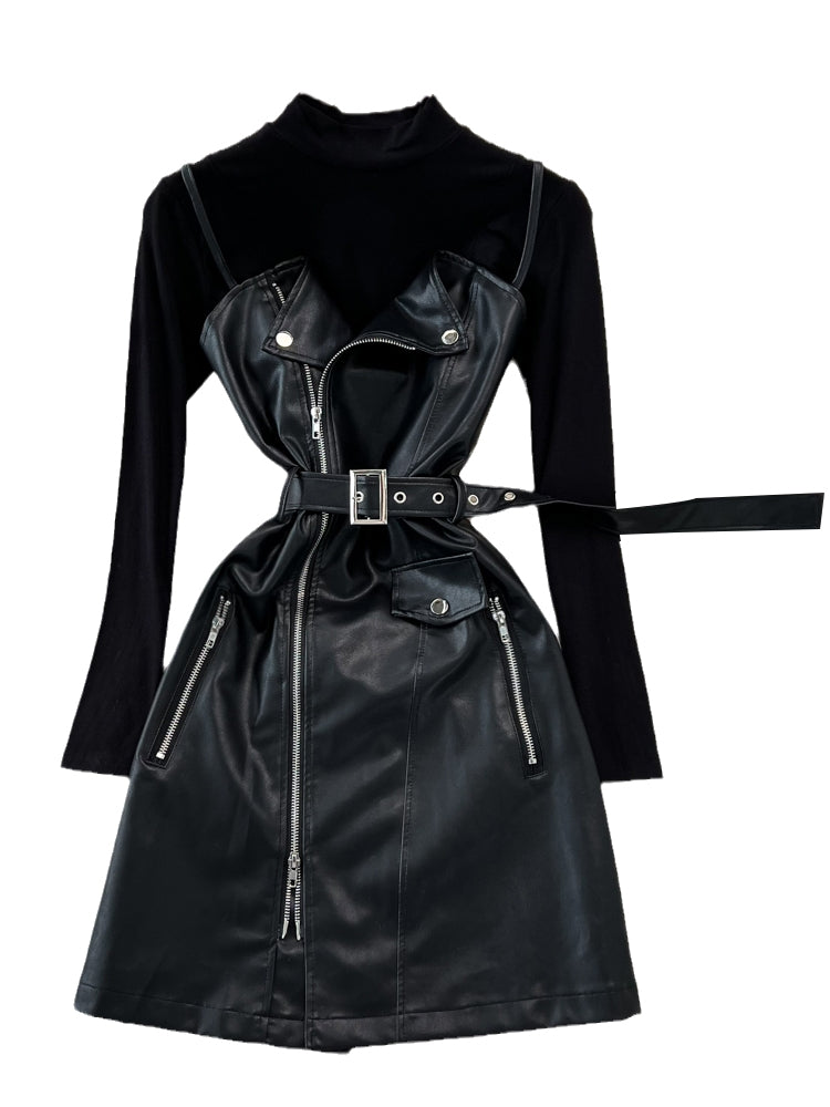 Chic PU Slip Dress & Knit Ensemble