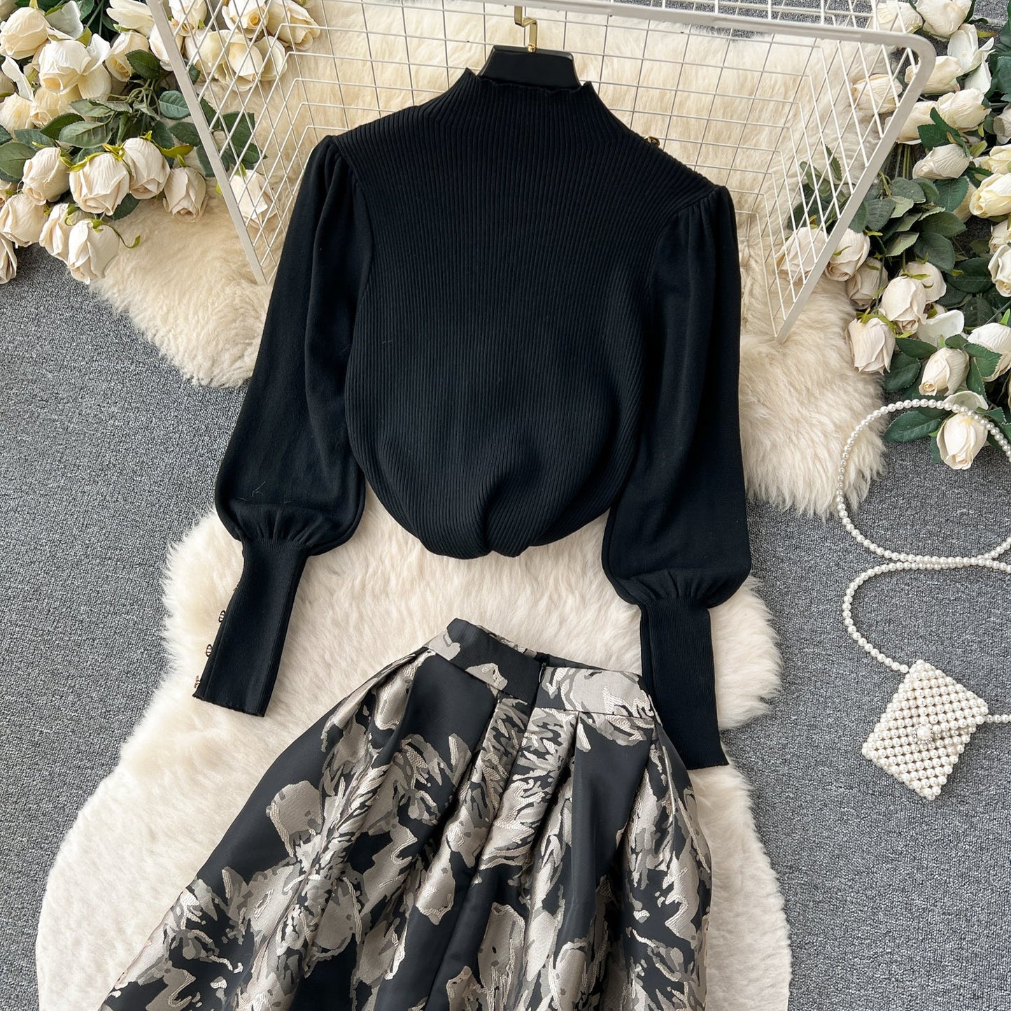 Elegant Knit Floral Jacquard Skirt Set