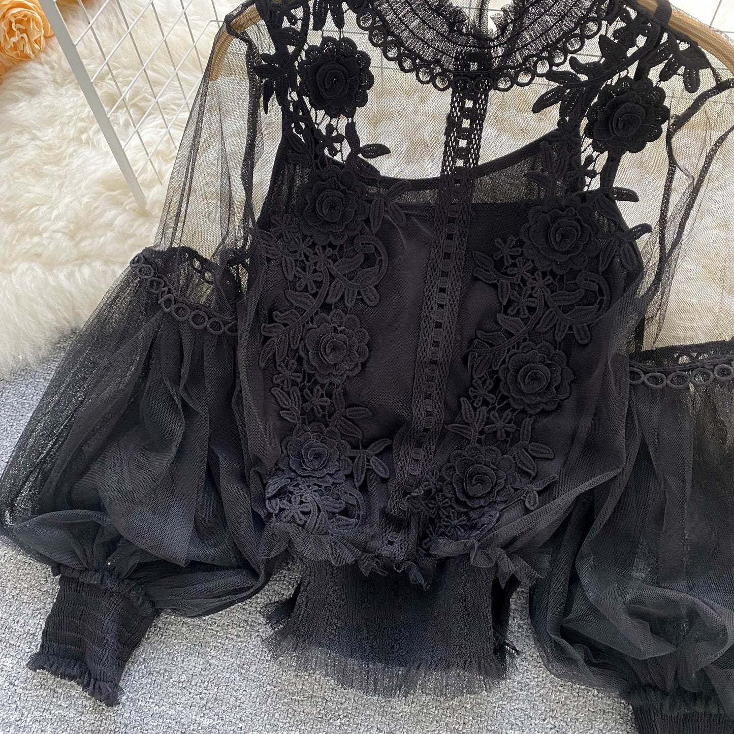 Ethereal Mesh Lantern-Sleeve Blouse