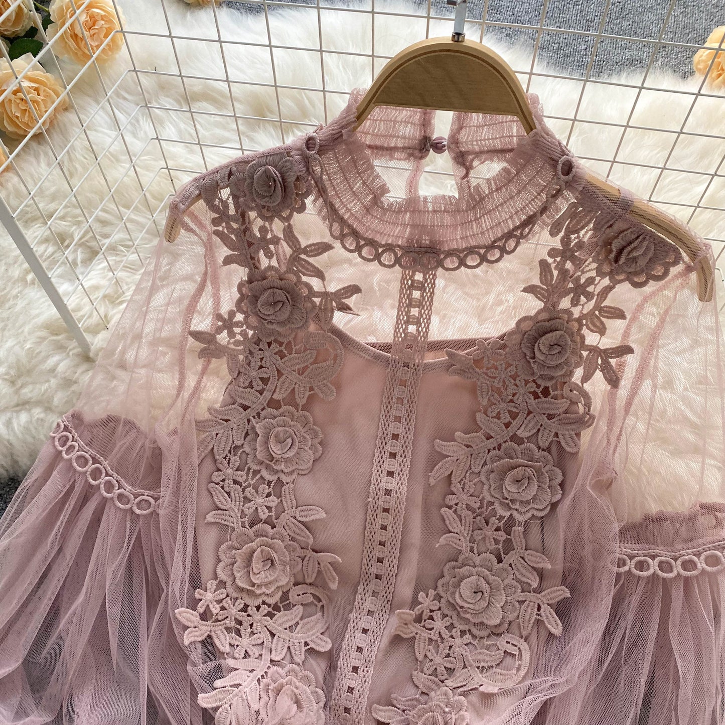 Ethereal Mesh Lantern-Sleeve Blouse