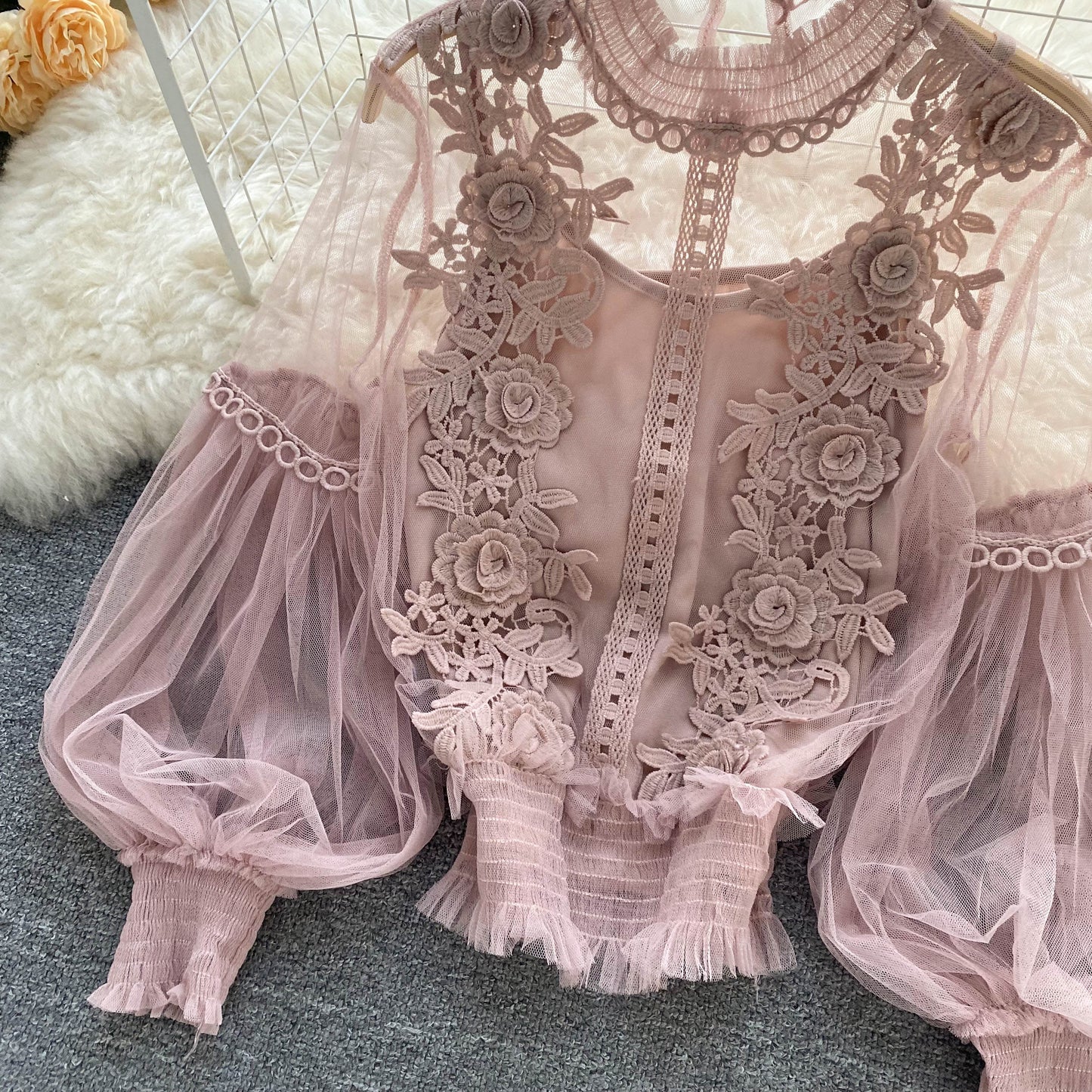 Ethereal Mesh Lantern-Sleeve Blouse