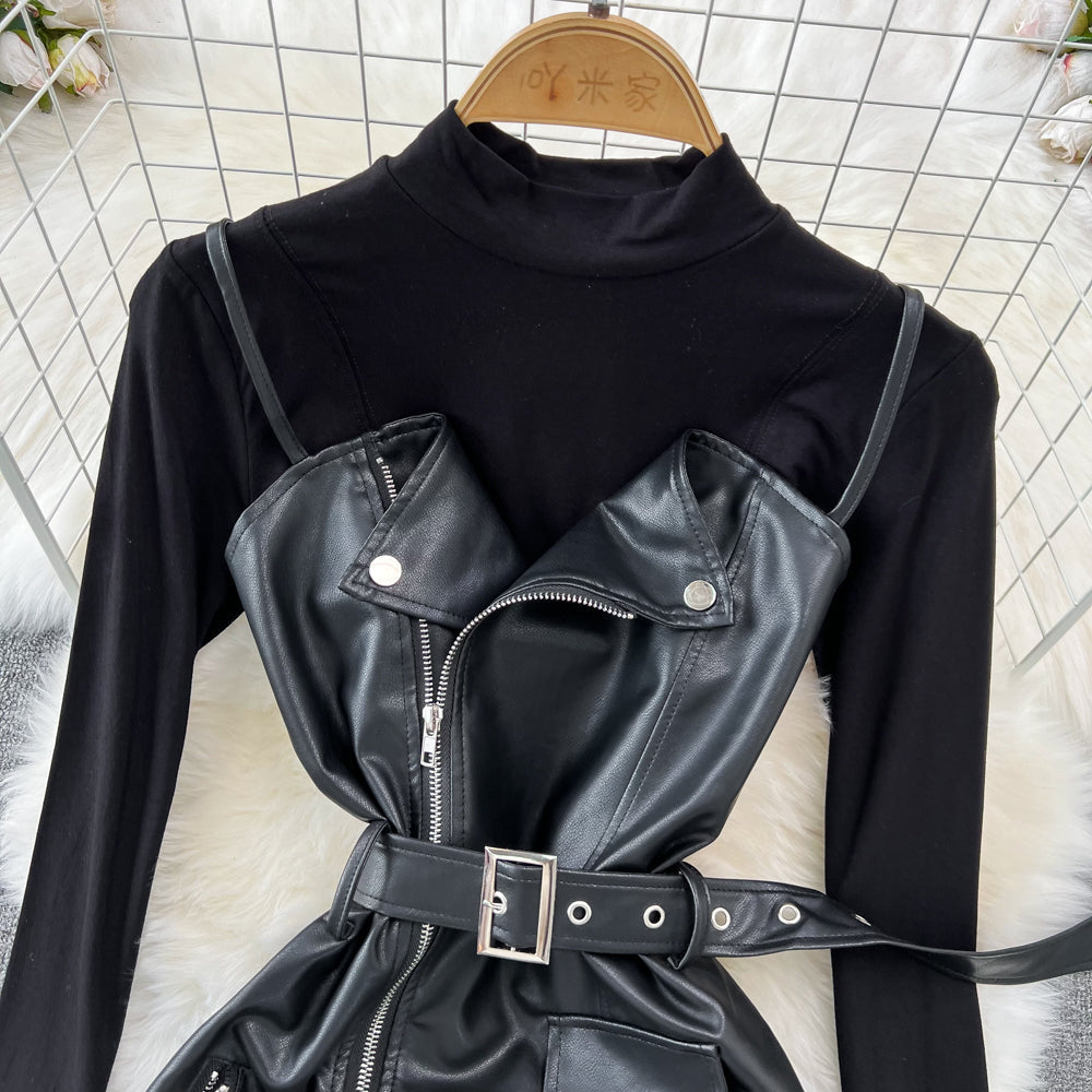 Chic PU Slip Dress & Knit Ensemble