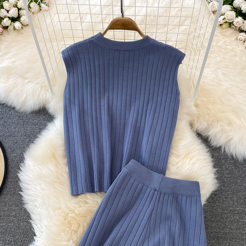 Knit Sleeveless Top Wide Leg Pants Two Piece Set