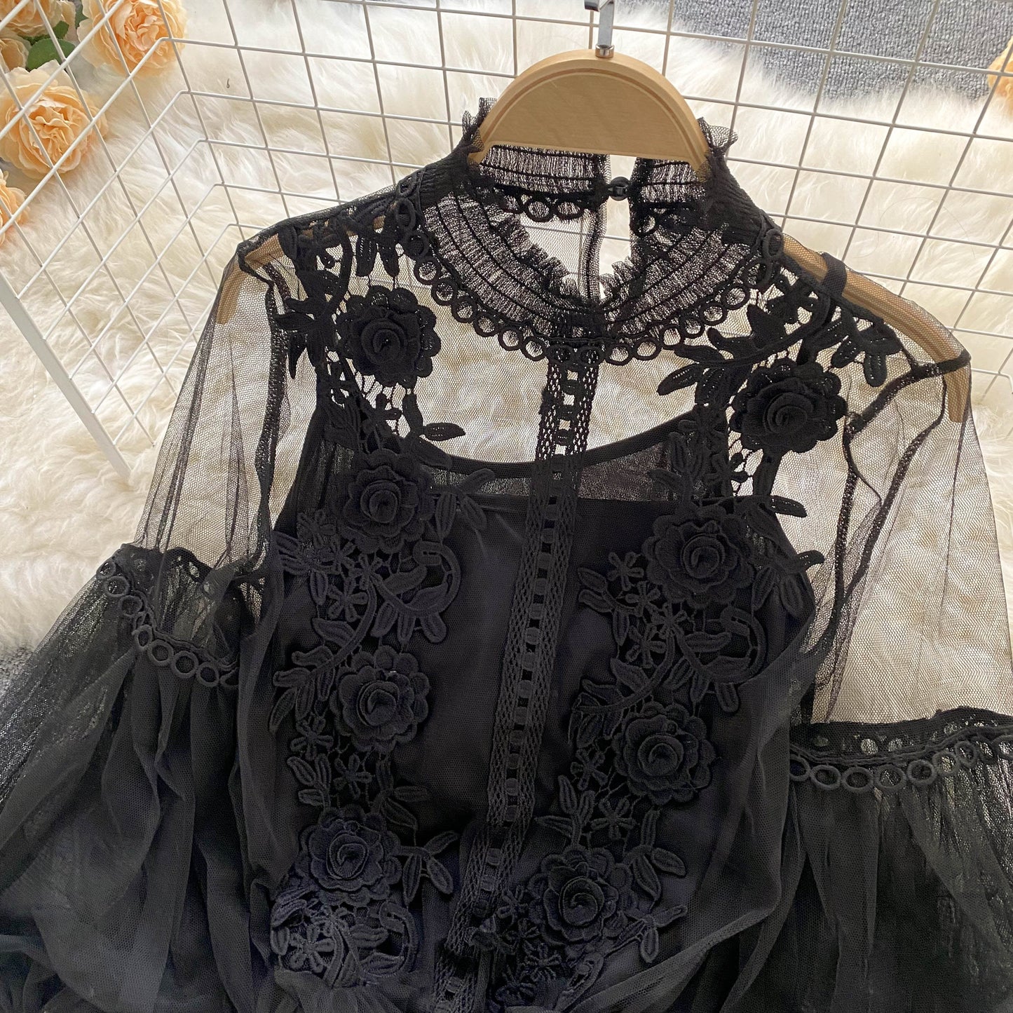 Ethereal Mesh Lantern-Sleeve Blouse