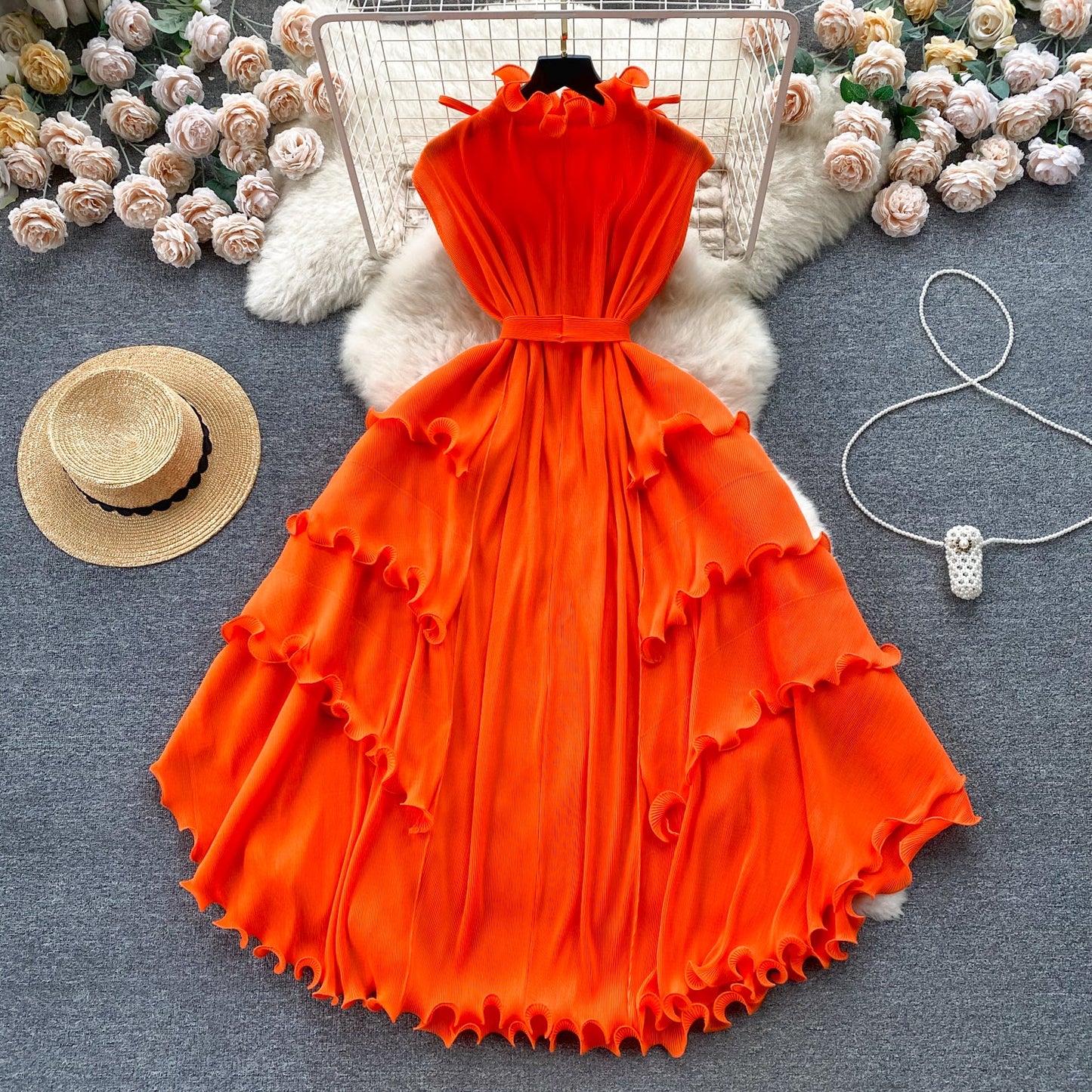 Solid Color Ruffled Sleeveless Dress