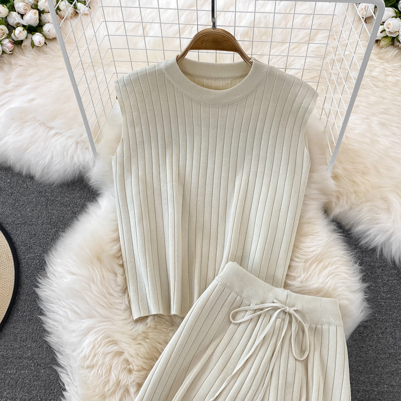 Knit Sleeveless Top Wide Leg Pants Two Piece Set