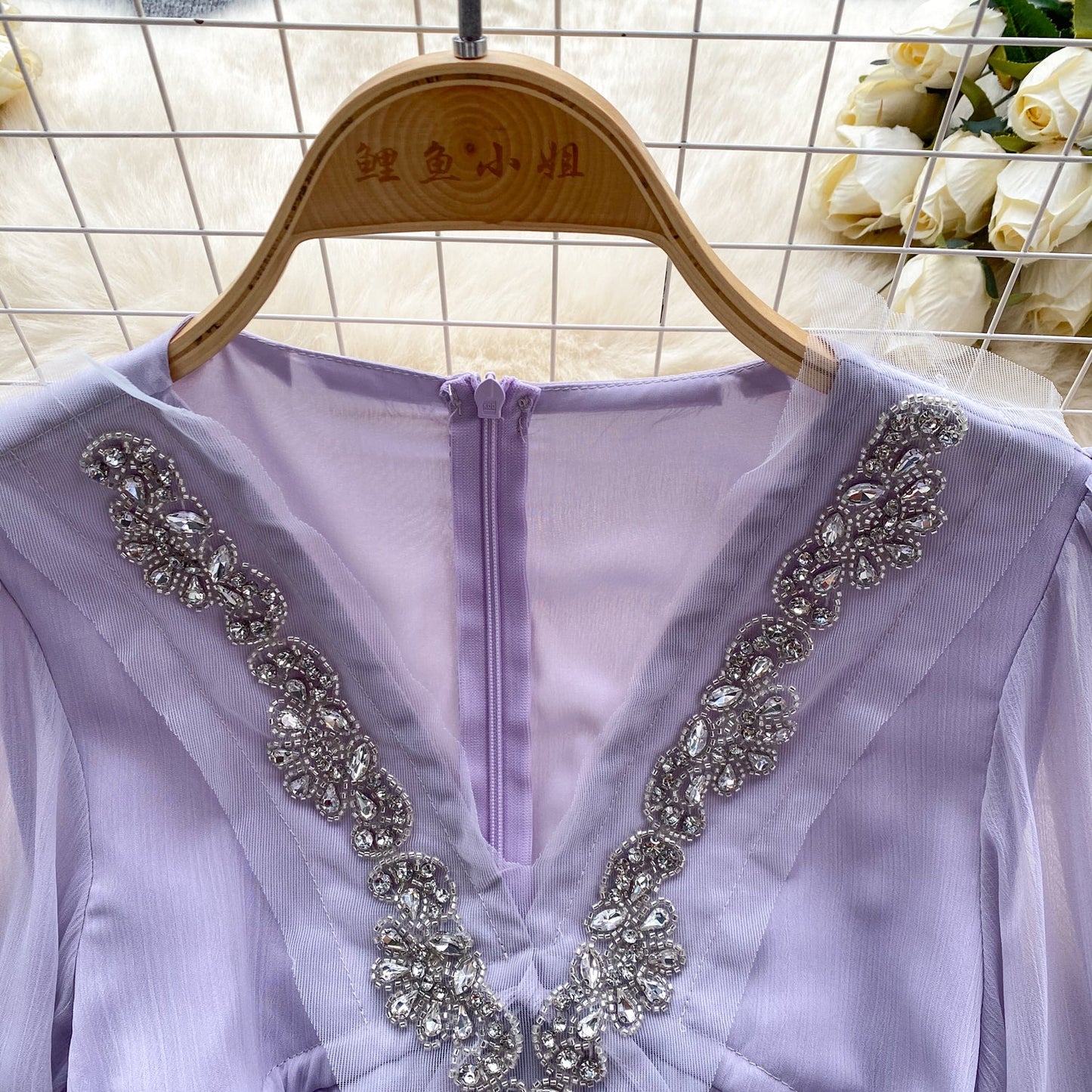 Beaded V-Neck Chiffon Evening Dress