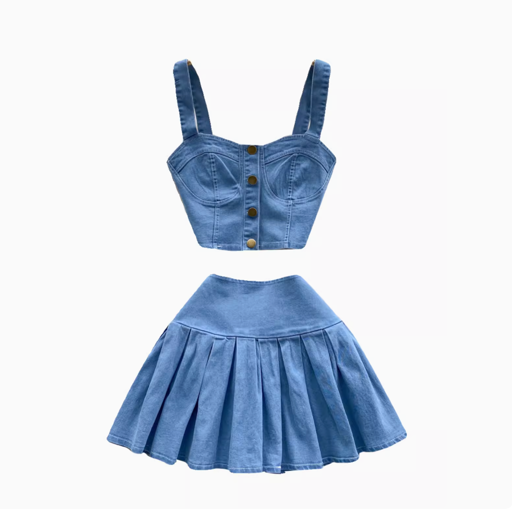 Denim Camisole & Pleated Skirt Set