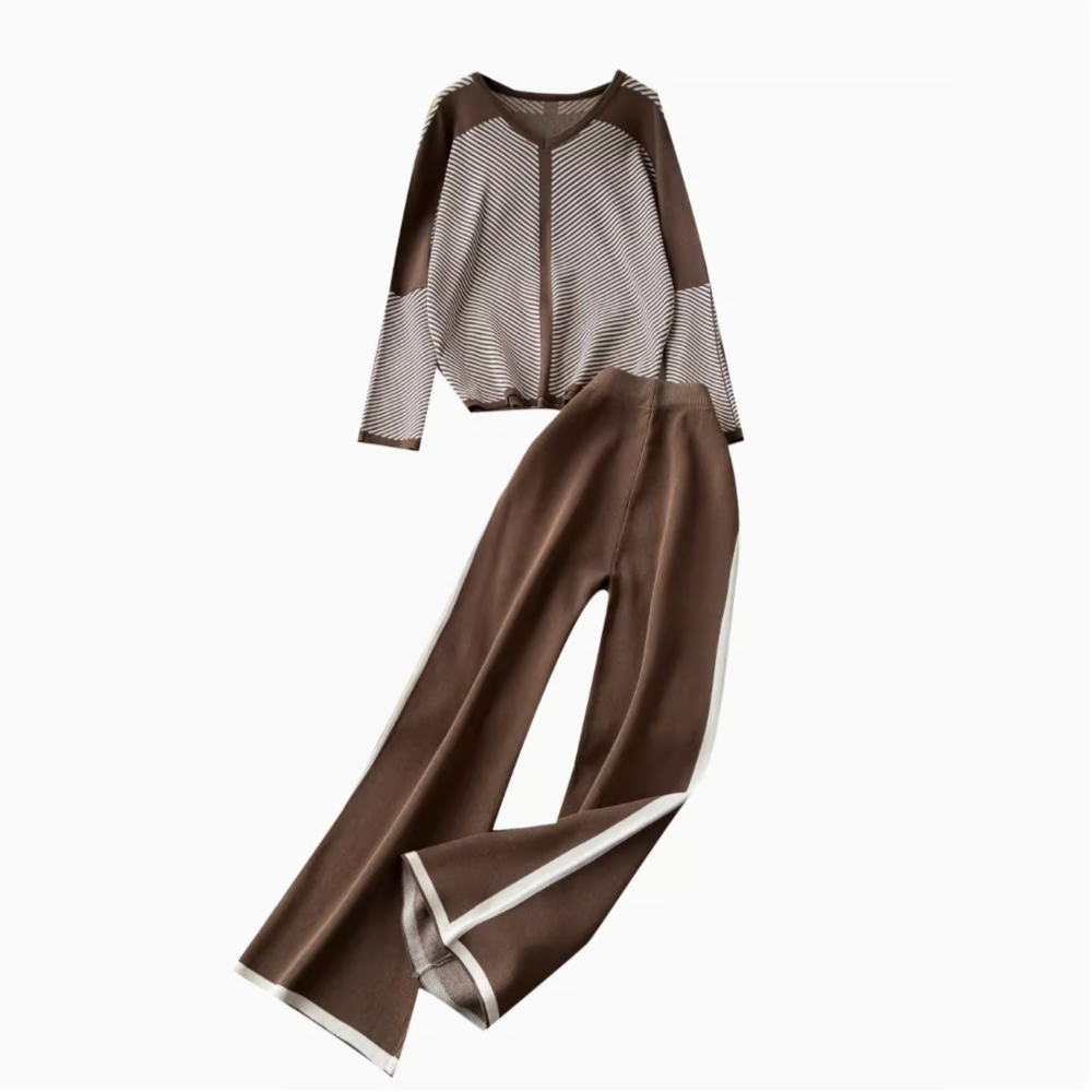 Striped V-Neck Knit Set – Sweater & Trousers