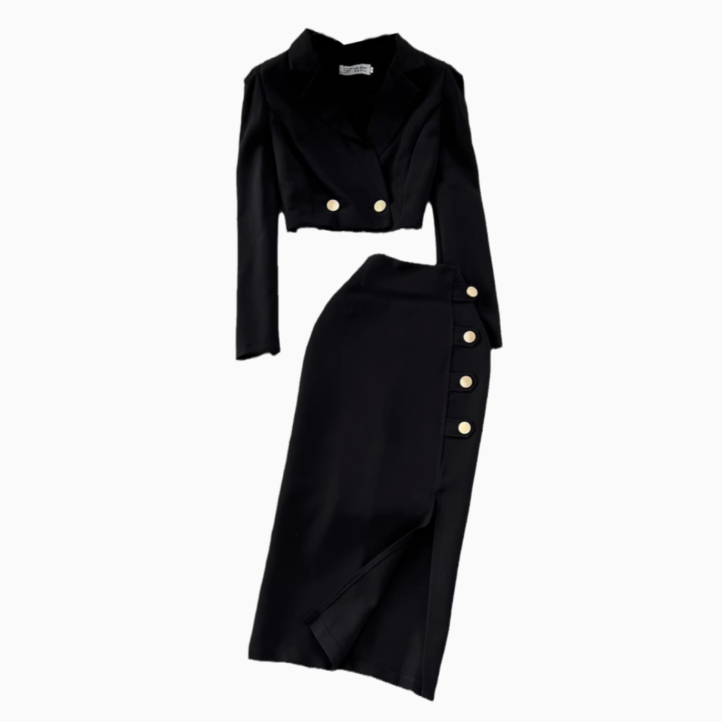 Black Blazer and Skirt Set Office Wear