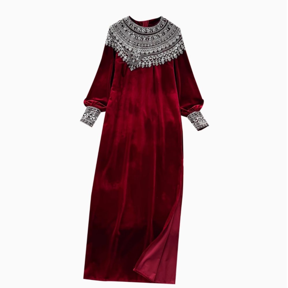 Bead-Adorned Suede Maxi Dress