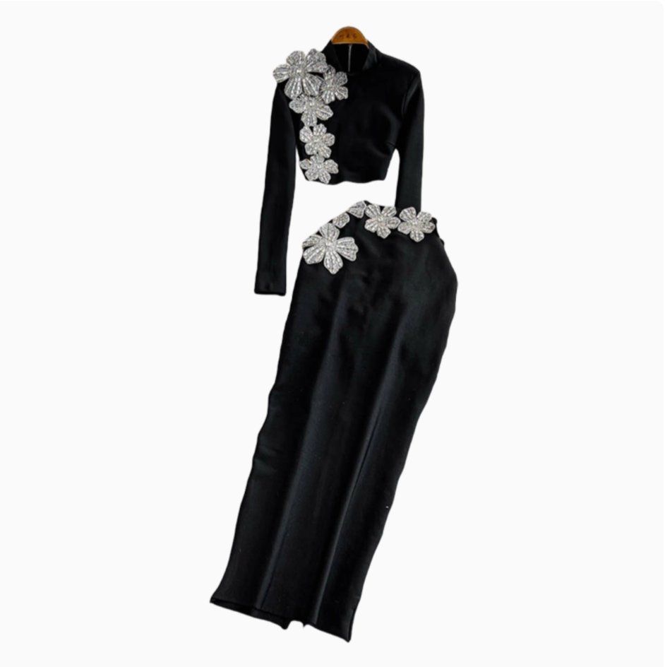 Rhinestone Sweater & Midi Skirt Matching Set