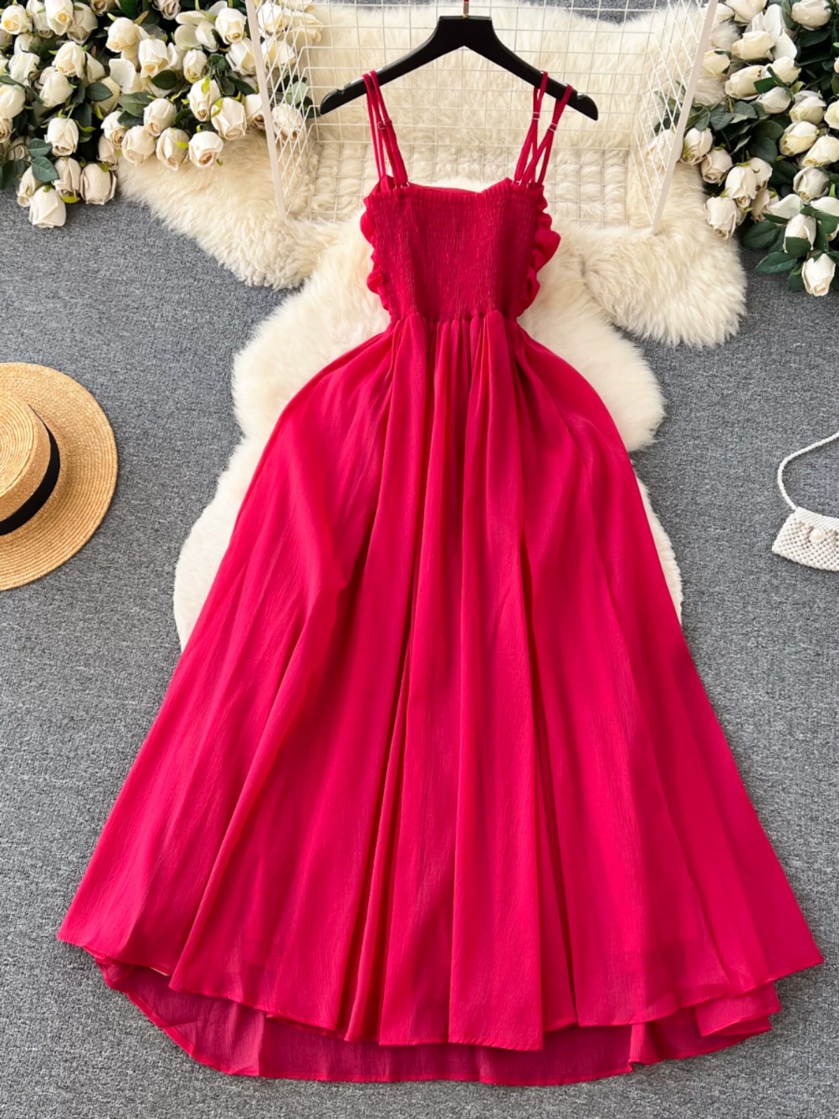 Red Pleated Midi Party Dress