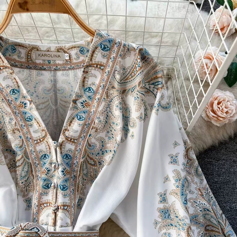 Ethnic Style Floral Belted Dress