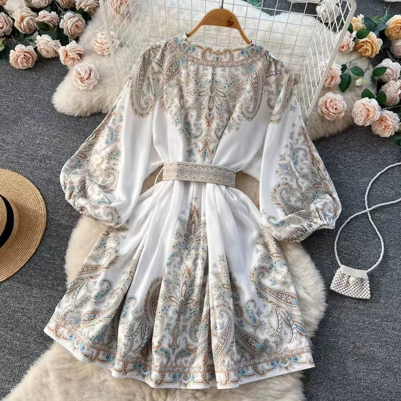 Ethnic Style Floral Belted Dress