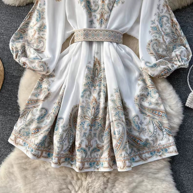 Ethnic Style Floral Belted Dress