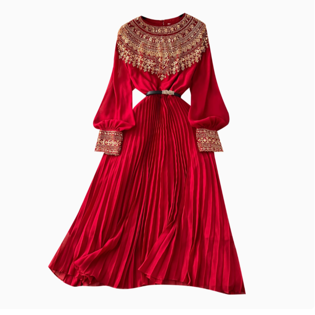 Rhinestone Embellished Pleated Dress