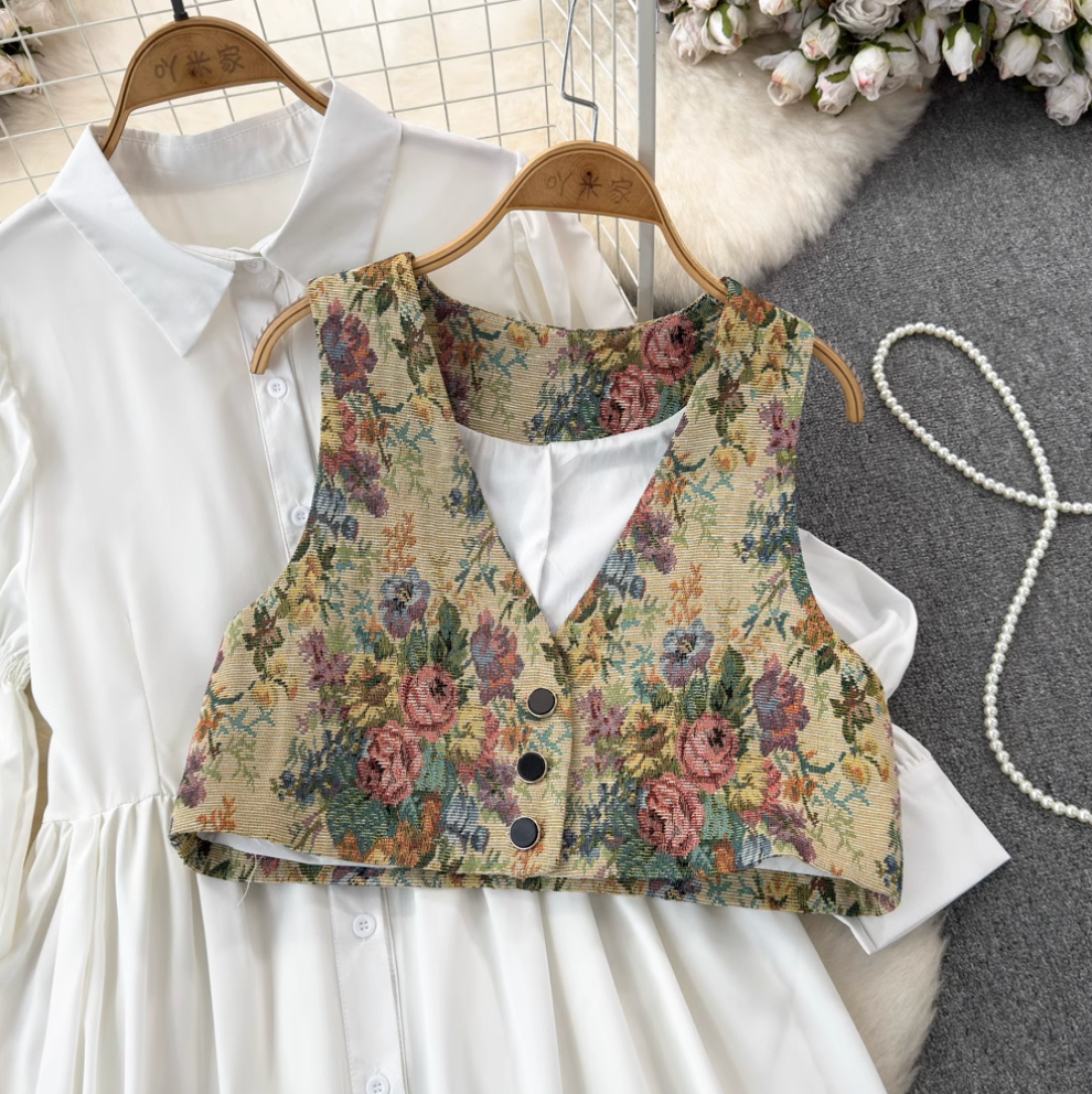 Floral Print Camisole & Button-Up Shirt Dress Set