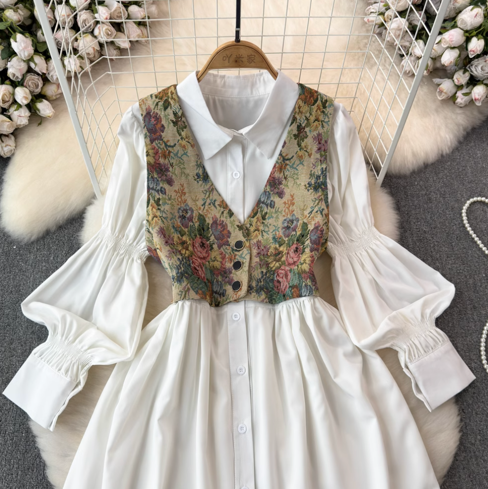 Floral Print Camisole & Button-Up Shirt Dress Set