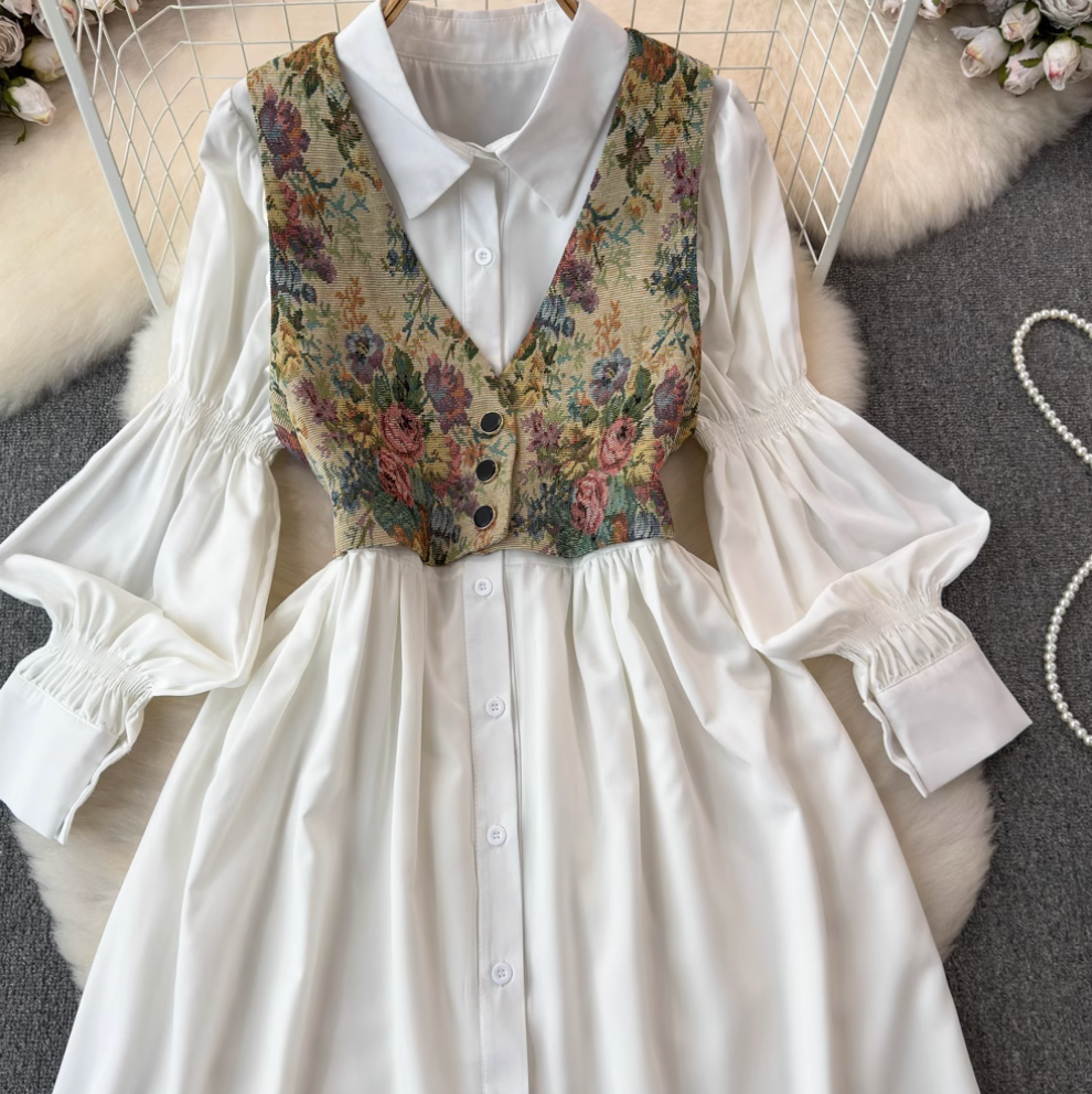 Floral Print Camisole & Button-Up Shirt Dress Set