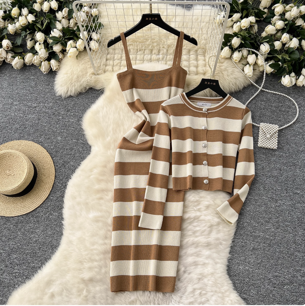 Striped Cardigan & Slip Dress Ensemble