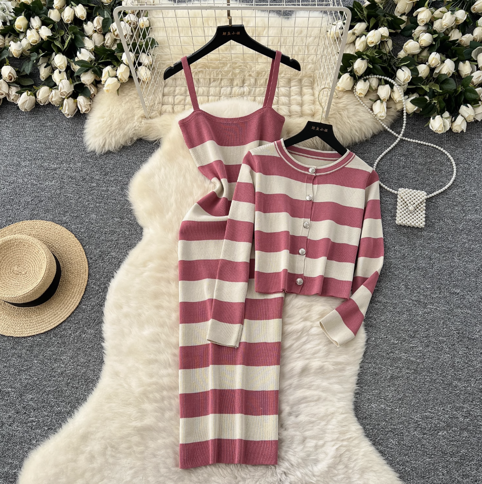 Striped Cardigan & Slip Dress Ensemble