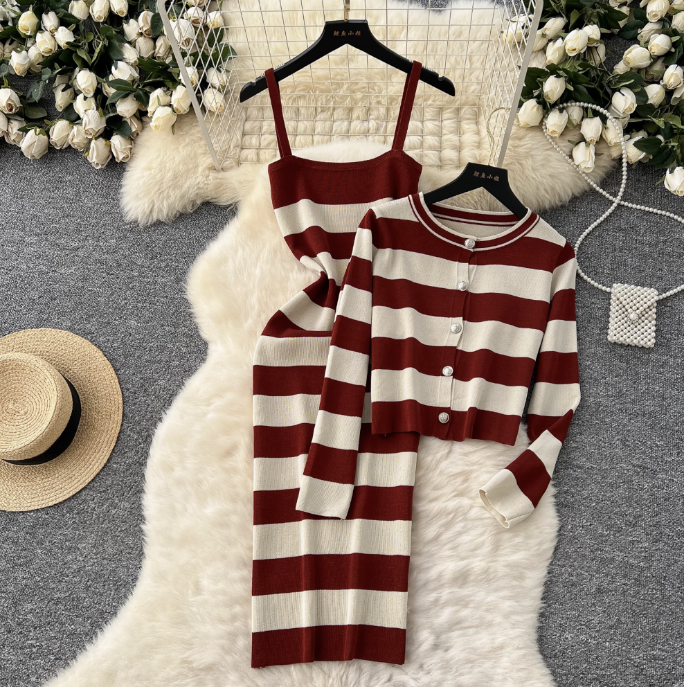 Striped Cardigan & Slip Dress Ensemble