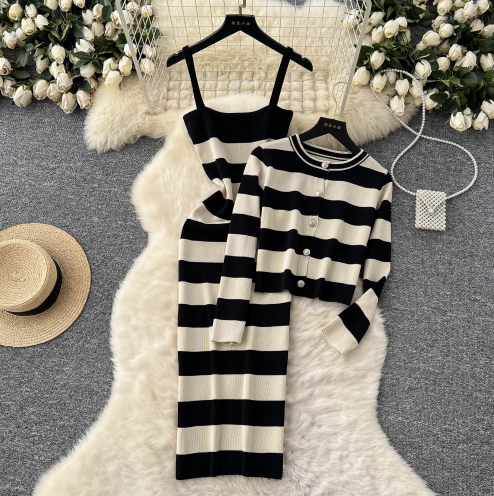 Striped Cardigan & Slip Dress Ensemble