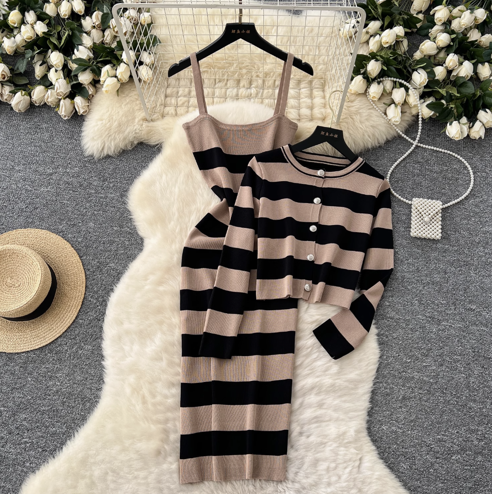 Striped Cardigan & Slip Dress Ensemble