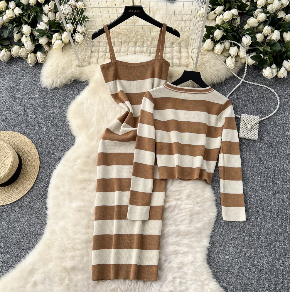 Striped Cardigan & Slip Dress Ensemble