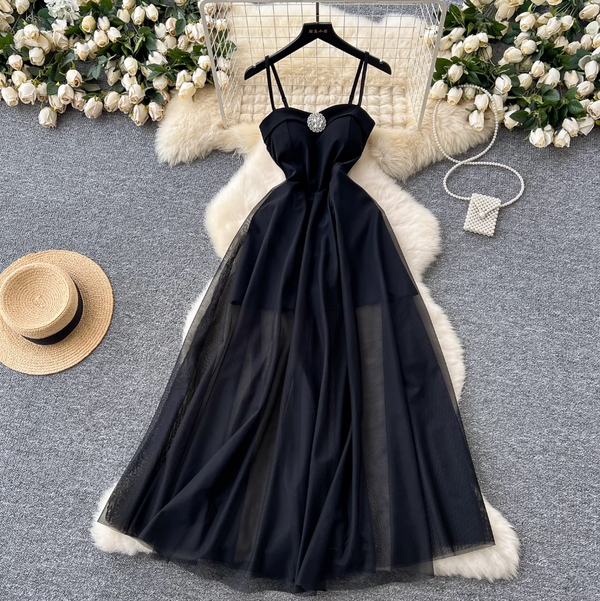 Black Mesh Slip Evening Dress