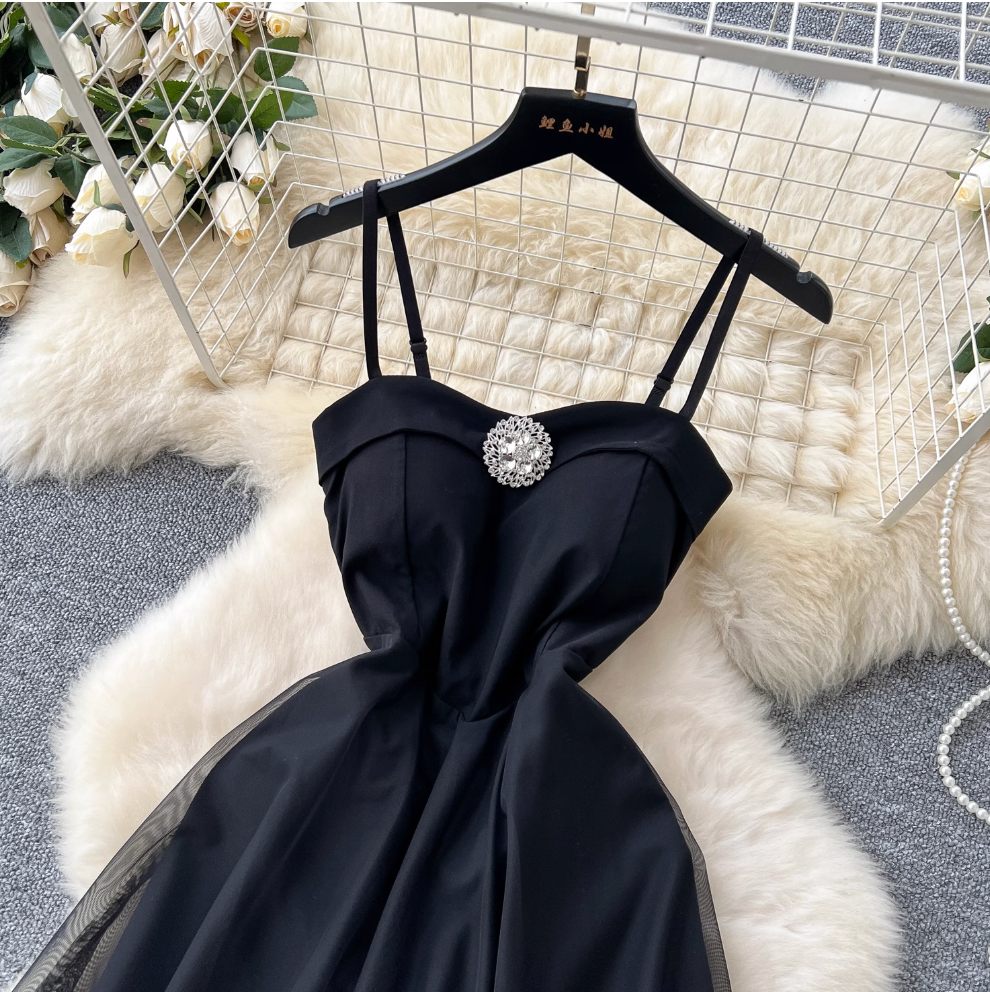 Black Mesh Slip Evening Dress