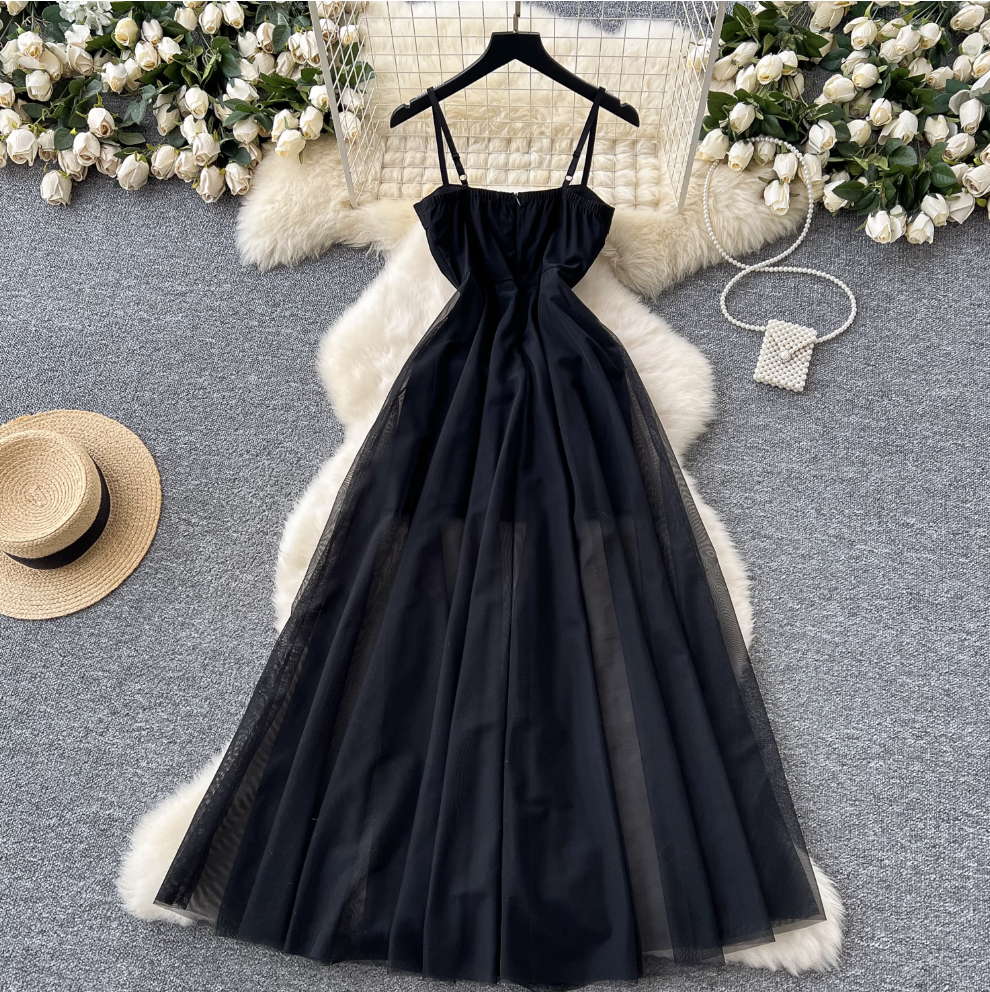 Black Mesh Slip Evening Dress
