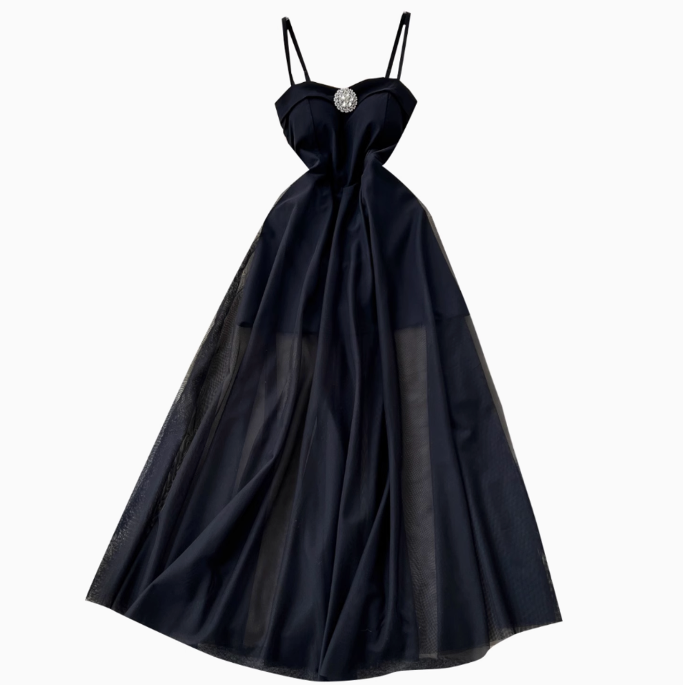 Black Mesh Slip Evening Dress