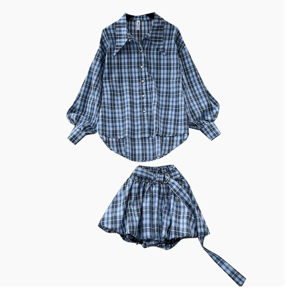 Oversized Shirt & Puffy Shorts Plaid 2Pcs